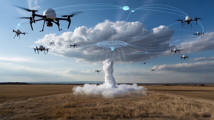 Multiple drones coordinating a mission with a central network over a dry landscape