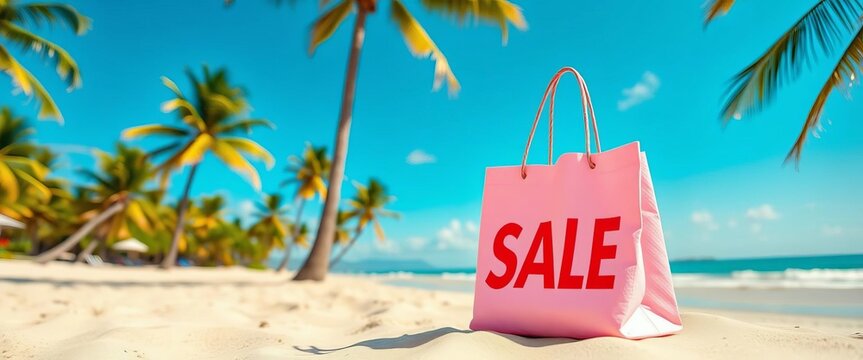 Summer sale shopping bag on sandy beach with palm trees, sun, retail