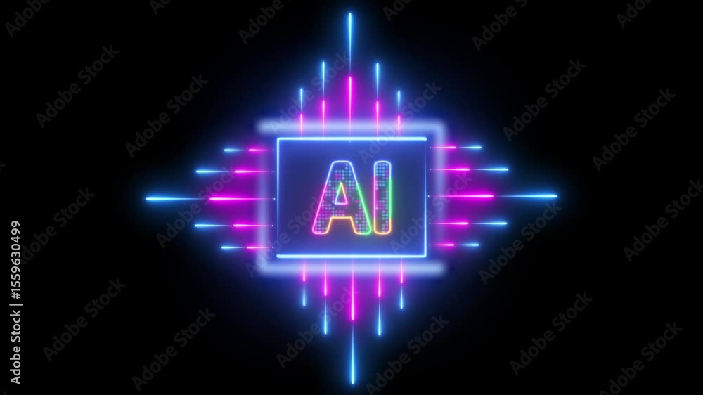 Poster glowing neon pink and blue color ai circuit board background. computer motherboard with a chip, proc