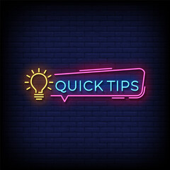 quick tips neon sign with brick wall background vector