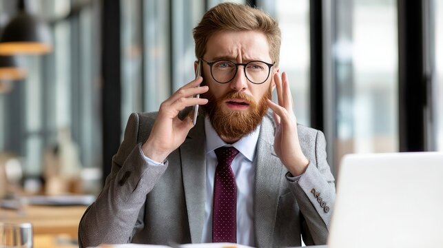 A man in a suit is talking on a cell phone and looking concerned.