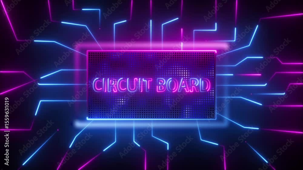 Poster glowing neon electronic circuit board on black background .technology connected blue lines with elec