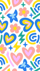 Vibrant Pattern: A whimsical pattern with hearts, flowers, rainbows, and stars, designed in a vibrant and playful style, suitable for diverse design applications.