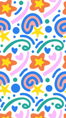 Whimsical Cartoon Pattern: A vibrant, hand-drawn cartoon pattern bursts with playful shapes and joyful colors, including stars, rainbows, hearts, and swirling lines.