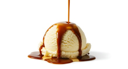 Vanilla Ice Cream Scoop Drizzled with Caramel Sauce