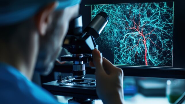 Scientist Using Microscope to Study Biological Cell Structures