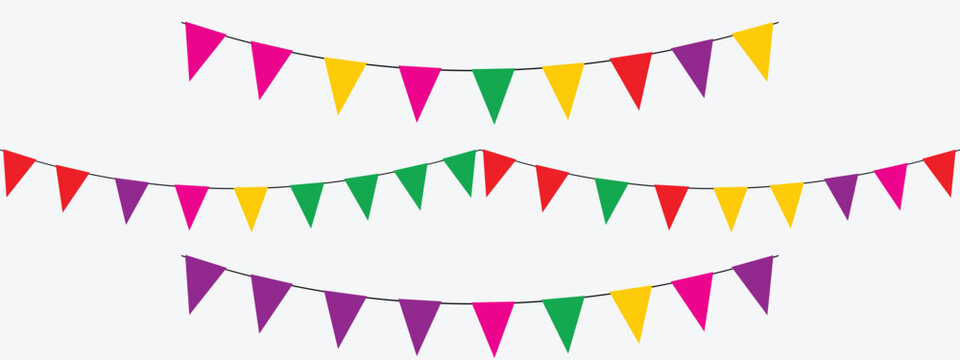 Hanging Multicolor Triangle Flags – Festive Bunting Banner Decoration. EPS vector illustration