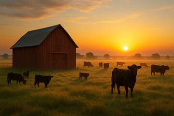 cows and a barn on the farm at sunset