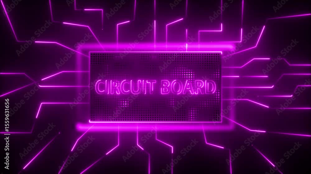 Poster glowing neon electronic circuit board on black background .technology connected pink lines with elec