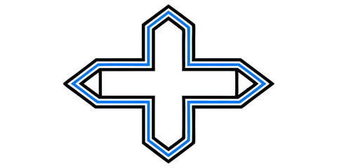 Stylized geometric cross shape with blue and black outline isolated on white background