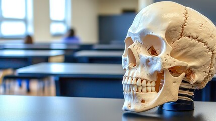 Anatomical Human Skull Model on a Classroom Desk in Educational Setting