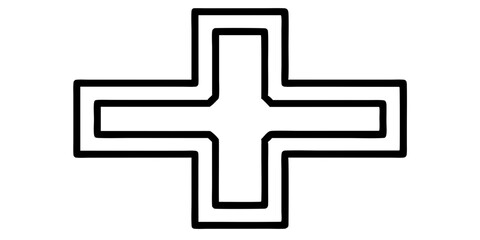 Bold black outline of a plus sign with a double border isolated on white background