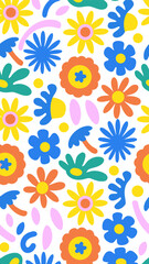 Blooming Canvas: A vibrant, high-angle view of a beautifully illustrated floral pattern. An explosion of colors forming a cheerful pattern, offering a visual treat.