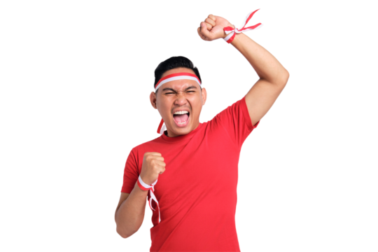 Excited young Asian men celebrate Indonesian independence day on 17 August by raising fists isolated on transparent background