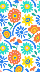 Floral Fiesta: Vibrant floral pattern, playful design, evokes feelings of joy, nature, and art. Each blossom seems to dance on the canvas, offering a fresh take on botanical beauty