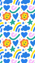 Joyful Pattern: A cheerful and vibrant illustration featuring a playful arrangement of smiling suns, whimsical clouds, hearts, stars, and rainbows, ideal for various design projects.