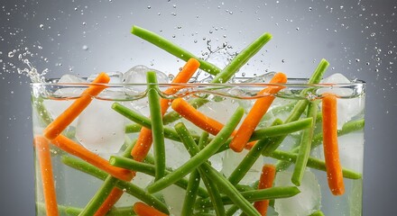 Vibrant Green Beans and Carrots Splashing in Icy Water: A Fresh and Zesty Still Life