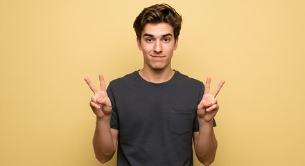 Young Man Showing Peace Sign, Portrait Photography