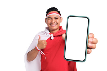 Happy handsome Asian men celebrate Indonesian independence day on 17 August while holding smartphone with blank screen and gesturing thumbs up isolated on transparent background