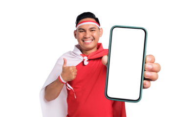 Happy handsome Asian men celebrate Indonesian independence day on 17 August while holding smartphone with blank screen and gesturing thumbs up isolated on transparent background