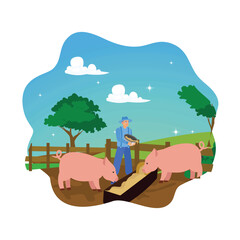 Young farmer feeds pet pigs on the farm.