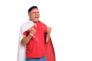 Excited young Asian men with Indonesian flags to celebrate Indonesian independence day on 17 August isolated on transparent background