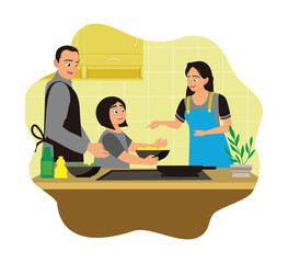 Happy family cooking together in home kitchen with modern equipment.