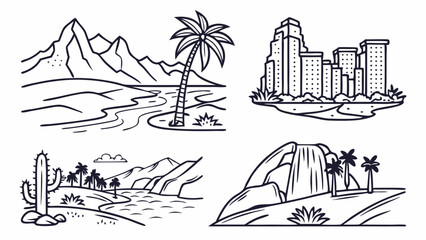 Four scenic line art landscapes