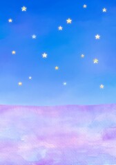 星がキラキラ輝く夜空の下にラベンダー畑が広がるロマンティックな背景素材。水彩イラスト。