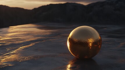 A shiny golden sphere rests on a reflective marble surface, creating an elegant and modern scene with a blurred background.