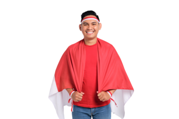 Smiling young Asian men with Indonesian flags to celebrate Indonesian independence day on 17 August isolated on transparent background