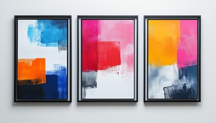 Three Abstract Color Block Paintings with black frames displayed on a white wall