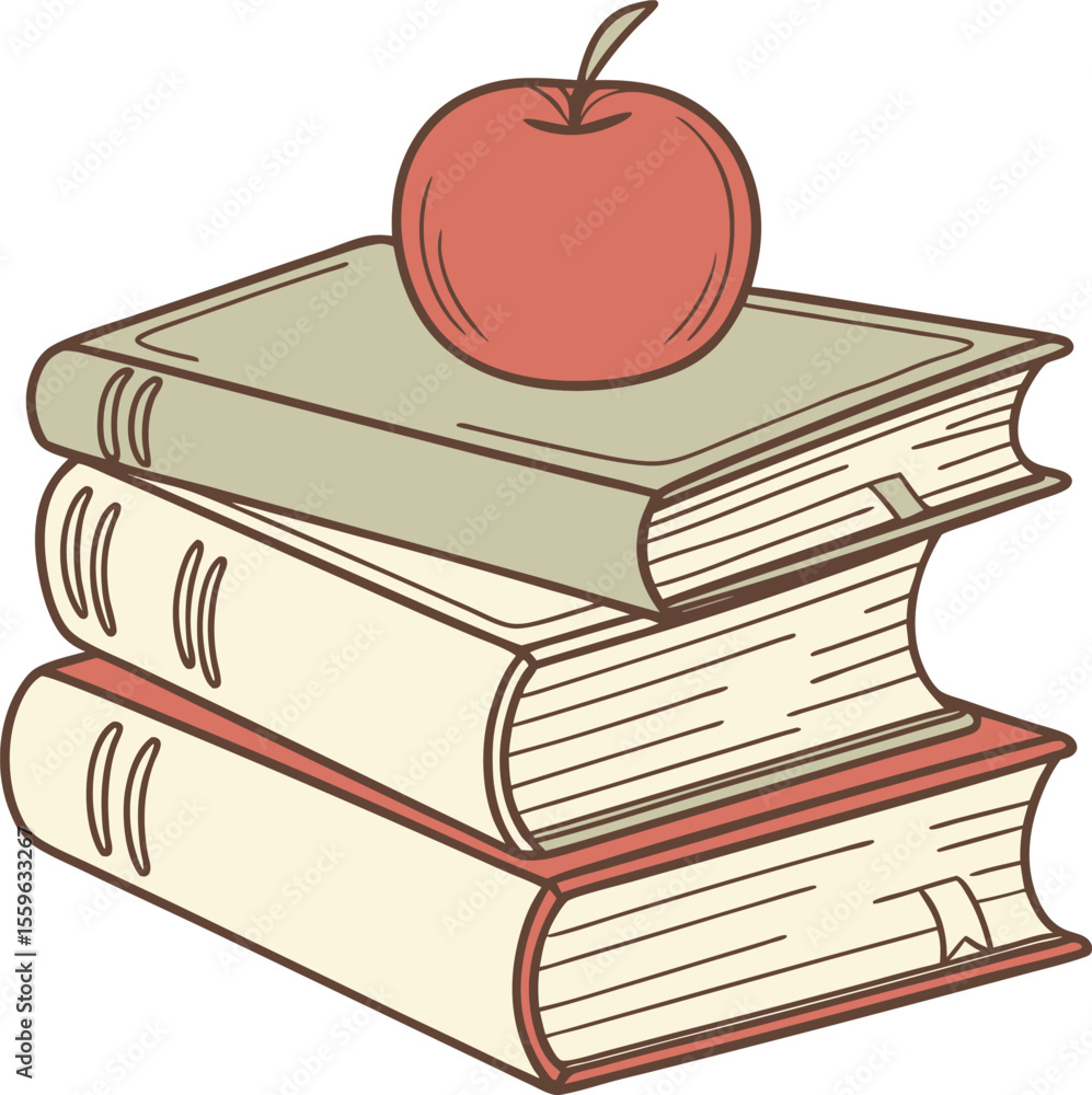 Aufkleber a stack of three vintage style books with a red apple resting on top symbolizing knowledge and educa