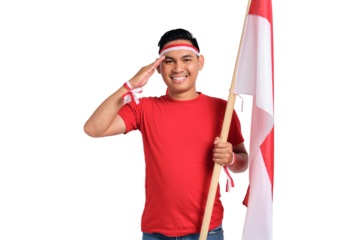 Handsome Asian men celebrate Indonesian independence day on 17 August, saluting and holding Indonesian flag isolated on transparent background