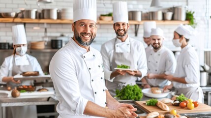 Smiling Chef and Culinary Team Working in a Professional Commercial Kitchen