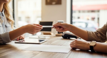 Business Transaction Between Two Women Coffee Shop Lifestyle Image Urban Environment Close-Up View Professional Interaction for SEO