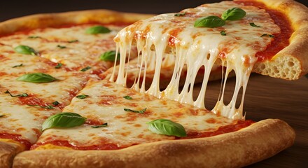 A mouth-watering close-up of a hot, cheesy Margherita pizza with fresh basil, showing gooey cheese pull as a slice is lifted. Perfect for Italian food, fast food, and comfort food themes
