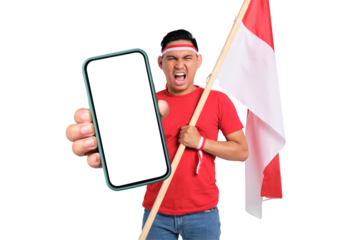 Excited young Asian men celebrate Indonesian independence day on 17 August while holding smartphone with blank screen and Indonesian flag isolated on transparent background