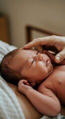 Tender Moment Newborn Baby Being Cuddled at Home Portrait Photography Intimate Indoor Setting Close-Up View Family Bonding Concept