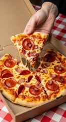 Delicious Pepperoni Pizza Slice Served from a Takeout Box at a Cozy Restaurant Dining Table Mouthwatering Tempting Aroma Casual Dining Experience