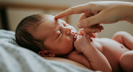 Tender moment of newborn bonding with parent, gentle touch and emotional connection, innocence, warmth, love, family, care, precious early life, parenthood joy