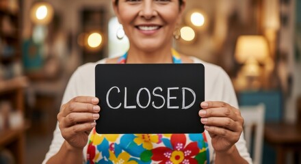 Local Business Closure Announcement Store Owner Holding Closed Sign Community Shop Informative Image Cozy Atmosphere Close-up Impact of Small Business Challenges