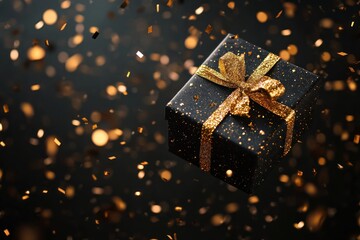 Dark holiday greeting card with black and gold 3D present and confetti