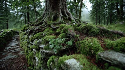 Tree roots wrapping around moss-covered stones representing ancient forest, strength, grounding, and natural life