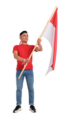 Excited young Asian men celebrate Indonesian independence day on 17 August by holding the Indonesian flag isolated on transparent background