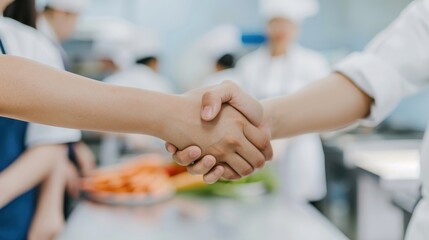 Fototapeta premium Professional chefs shaking hands in a commercial kitchen, symbolizing partnership and collaboration in the culinary industry.
