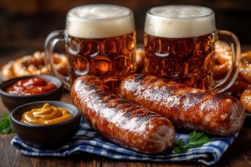 Two Beer Mugs with Foamy Heads Grilled Sausages Pretzels Mustard and Ketchup on Wooden Table