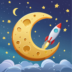 A cookie shaped like a moon with a rocket bite taken out &ndash; playful appetite for adventure.
