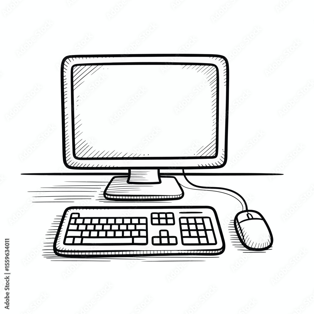 Poster hand drawn computer with monitor keyboard and mouse on white background