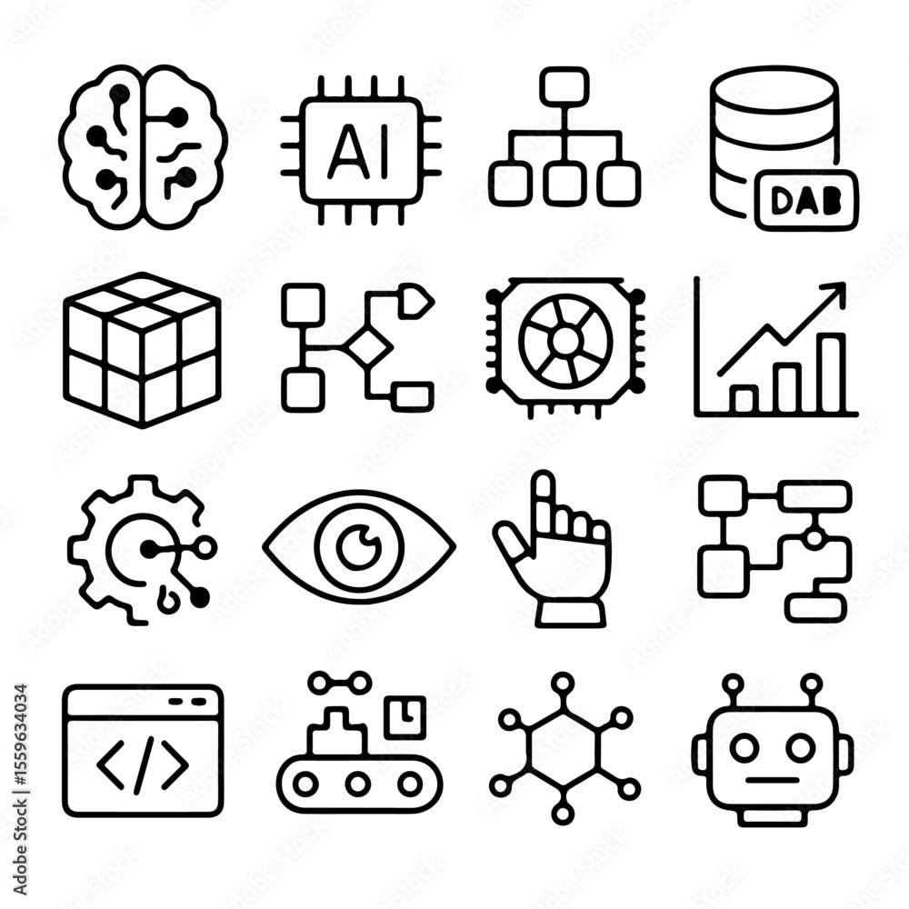 Poster a collection of ai and technology related icons. representing a variety of aspects within the fields